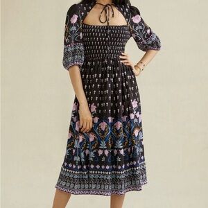 Anthropologie Dasha Smocked Midi Dress with Floral Psychedelic Pattern